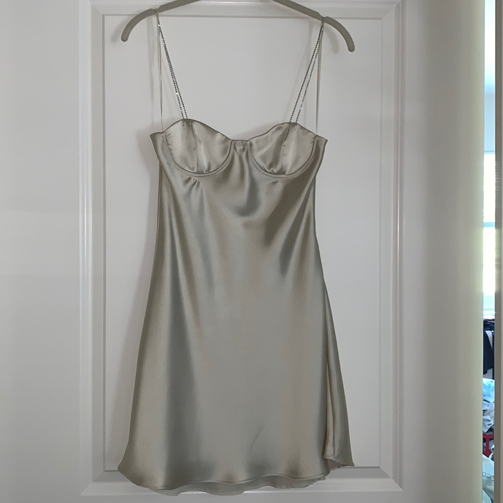 Zara Rhinestone Strap Silk Mini Dress Sage Green